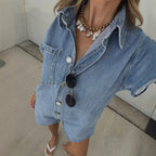 Women's Short-Sleeve Denim Jumpsuit with Pockets