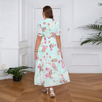 Women's Bohemian Maxi Dress with Voluminous Skirt and Floral Design