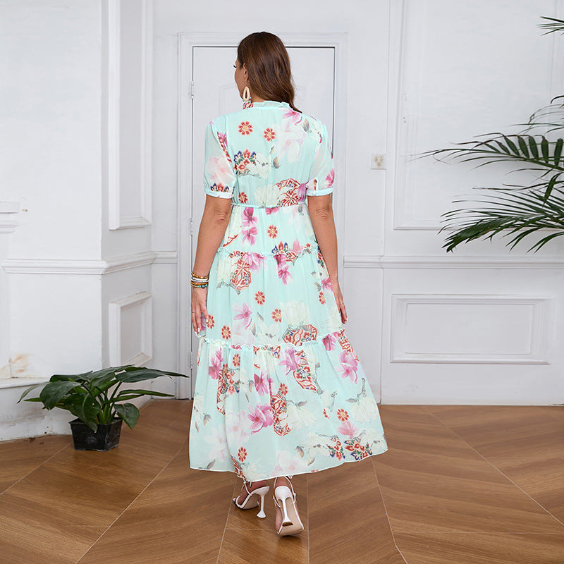 Women's Bohemian Maxi Dress with Voluminous Skirt and Floral Design