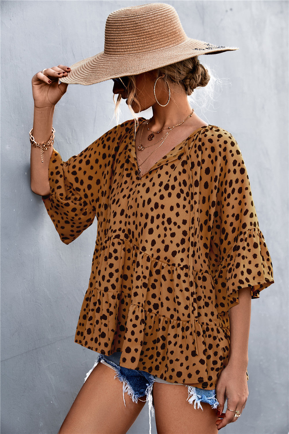 Women's Casual Blouse with Voluminous Sleeves and Polka Dot Pattern