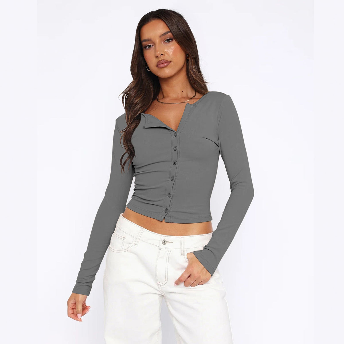Women's Fitted Long-Sleeve Shirt with Button Placket