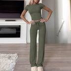 Women's Comfortable Lounge Set with Crop Top and Wide-Leg Pants