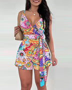 Women's Casual Wrap Jumpsuit with Pattern and Waist Belt