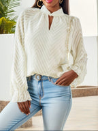 Women's Elegant Blouse with Sheer Sleeves and Decorative Stand-Up Collar