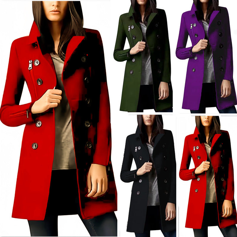 Women's Fashionable Short Coat with Double-Breasted Button Placket and Side Zippers