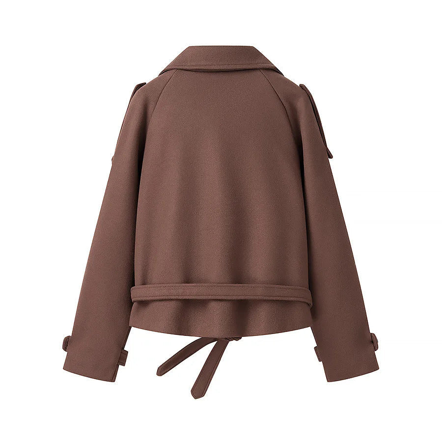 Women's Elegant Short Coat with Double-Breasted Buttons and Waist Belt