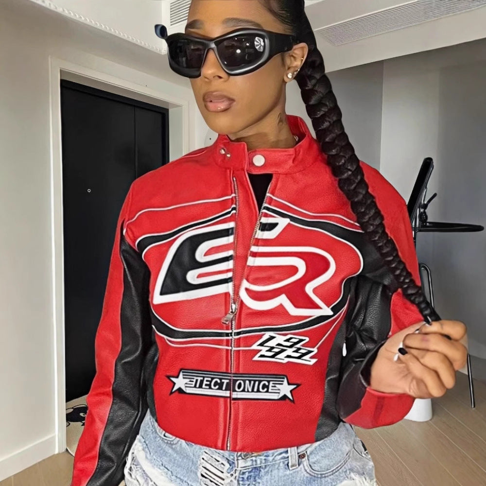 Women's Cropped Faux Leather Jacket with Contrast Details