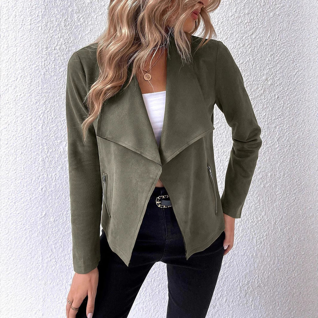 Women's Elegant Velour Jacket with Asymmetric Lapel and Zipper Pockets
