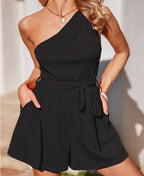 Women's One-Shoulder Jumpsuit with Belt and Pockets