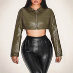 Women's Cropped Faux Leather Jacket with Innovative Zipper