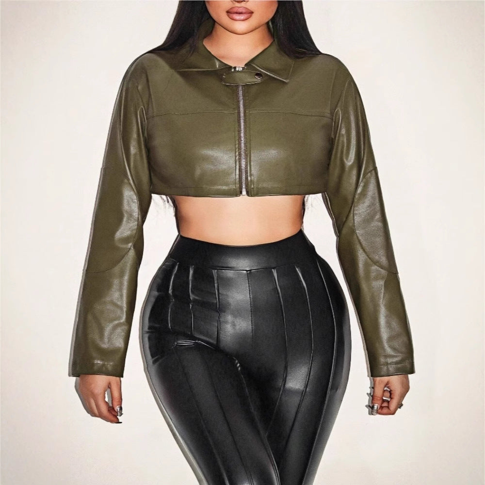 Women's Cropped Faux Leather Jacket with Innovative Zipper