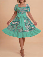 Women's A-Line Dress with Floral Motifs and Adjustable Belt