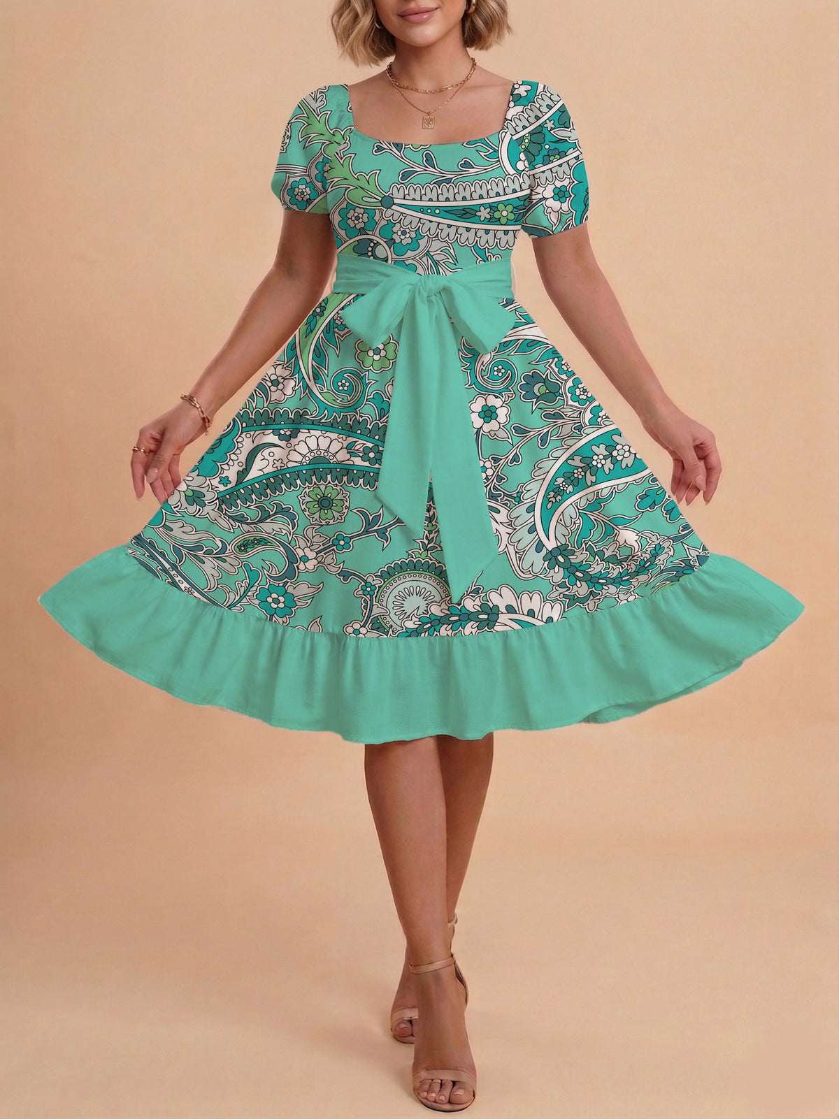 Women's A-Line Dress with Floral Motifs and Adjustable Belt