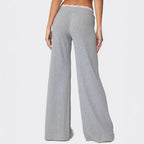 Women's Light Gray Casual Pants with Elastic Waistband and Lace Trim
