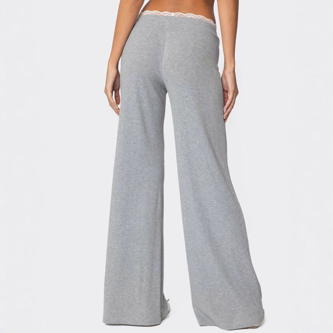 Women's Light Gray Casual Pants with Elastic Waistband and Lace Trim