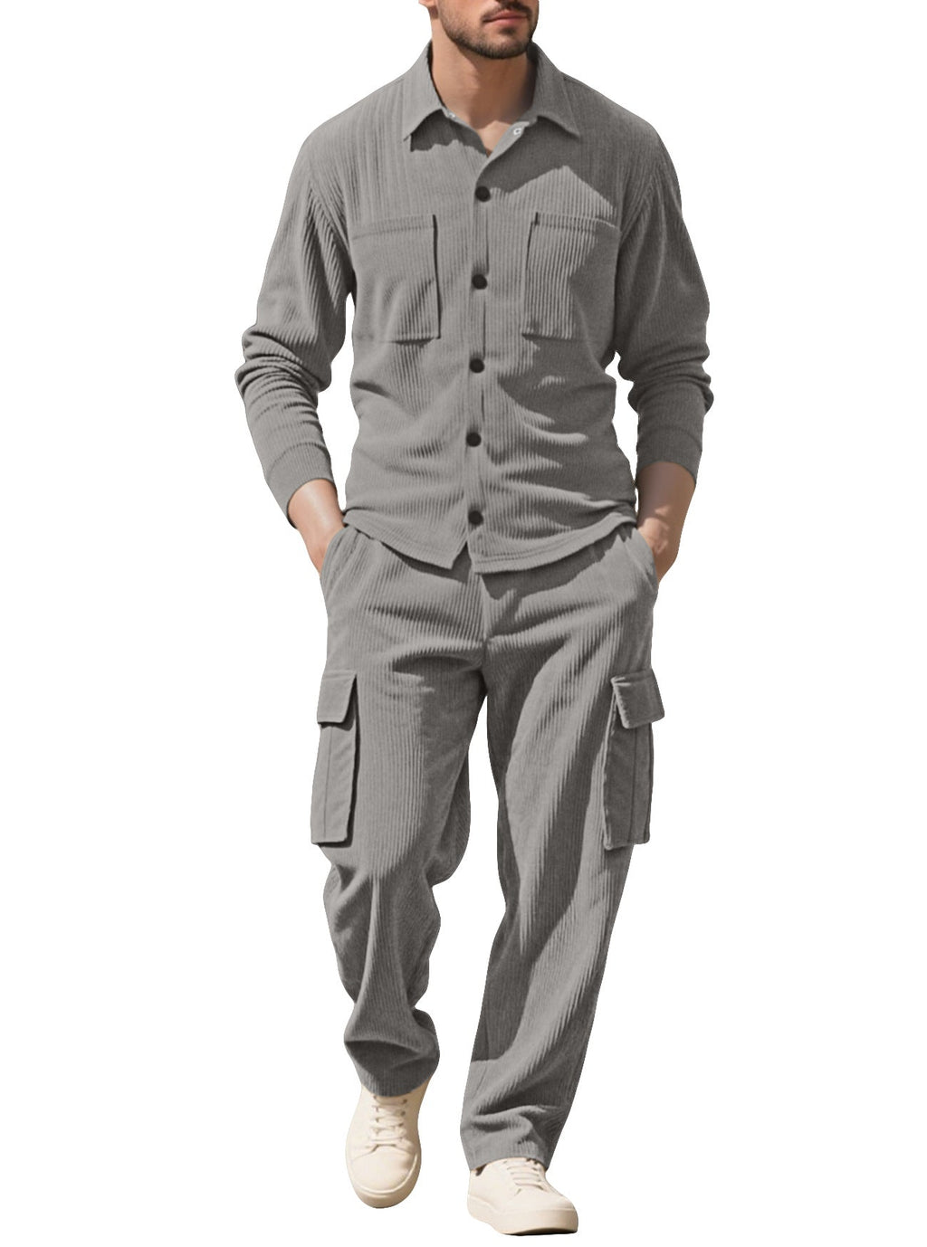 Men's Ribbed Worker Shirt and Cargo Pants Set