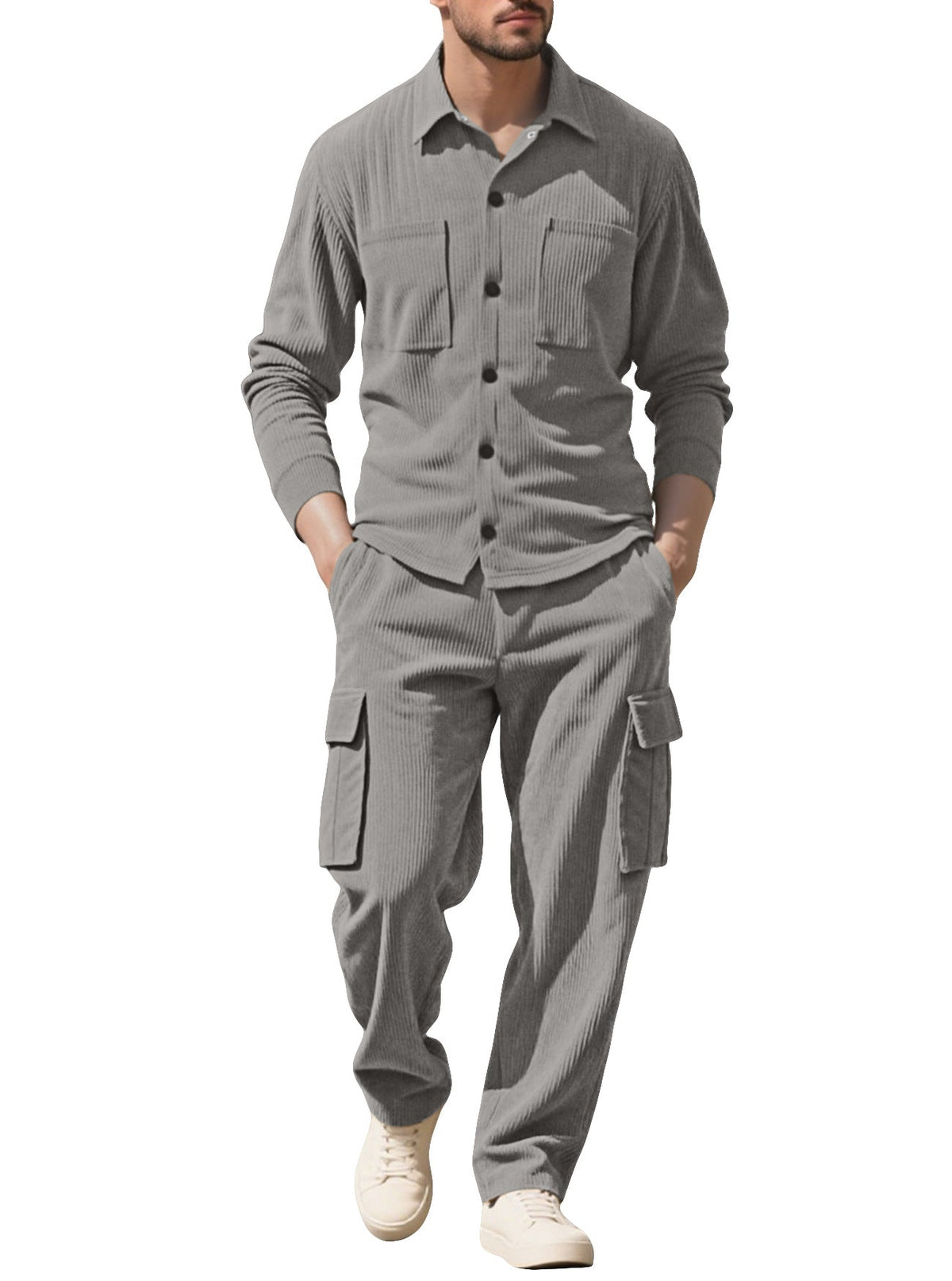 Men's Ribbed Worker Shirt and Cargo Pants Set
