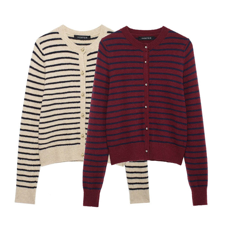 Women's Striped Knit Cardigan with Gold Buttons
