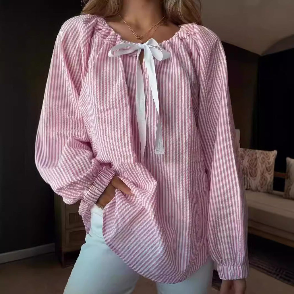 Blouse with Elastic Puff Sleeves and Decorative Tie