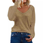 Women's Long-Sleeve V-Neck Shirt with Striped Sleeves
