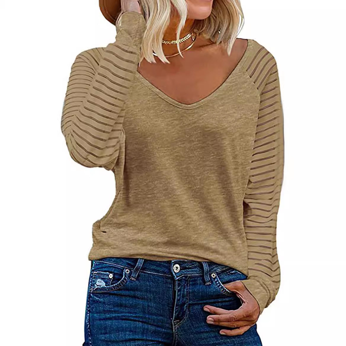 Women's Long-Sleeve V-Neck Shirt with Striped Sleeves
