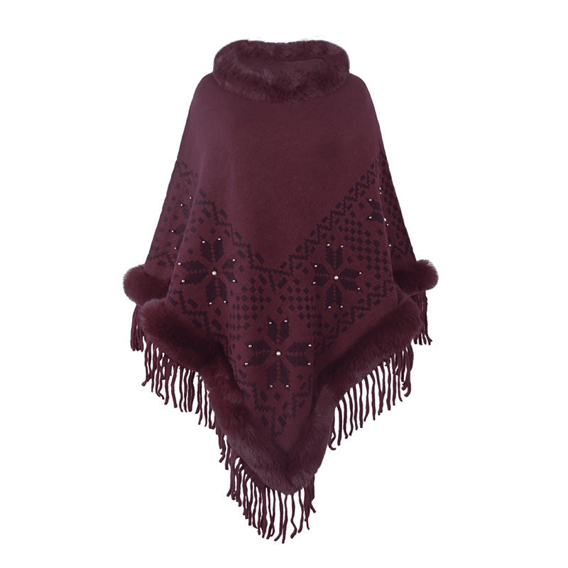 Women's Elegant Poncho with Decorative Fringe Design and Faux Fur Trim