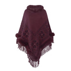 Women's Elegant Poncho with Decorative Fringe Design and Faux Fur Trim
