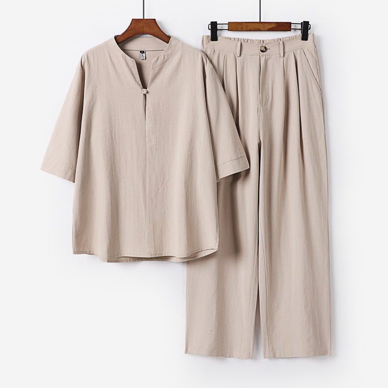 Men's Two-Piece Lightweight Leisure Set with Stand Collar and Elastic Waist Pants
