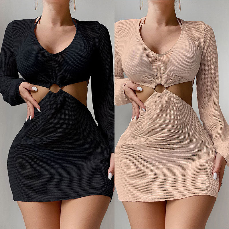 Women's Long-Sleeve Cut-Out Mini Dress with Knot Detail