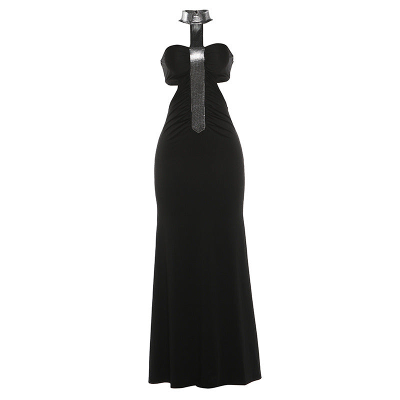 Women's Elegant Evening Dress with Slim Cut and Shiny Accents