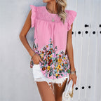 Women's Blouse with Floral Accents and Ruffle Details