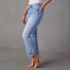 Women's Flared Jeans with Frayed Hems and Distressed Effect