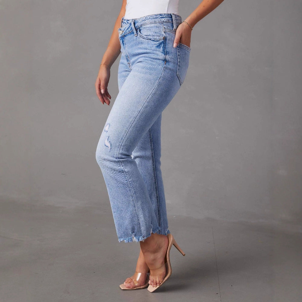 Women's Flared Jeans with Frayed Hems and Distressed Effect