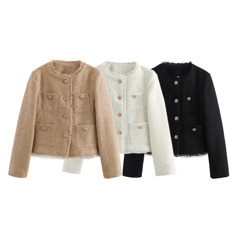 Women's Elegant Tweed Jacket with Fringe and Pockets