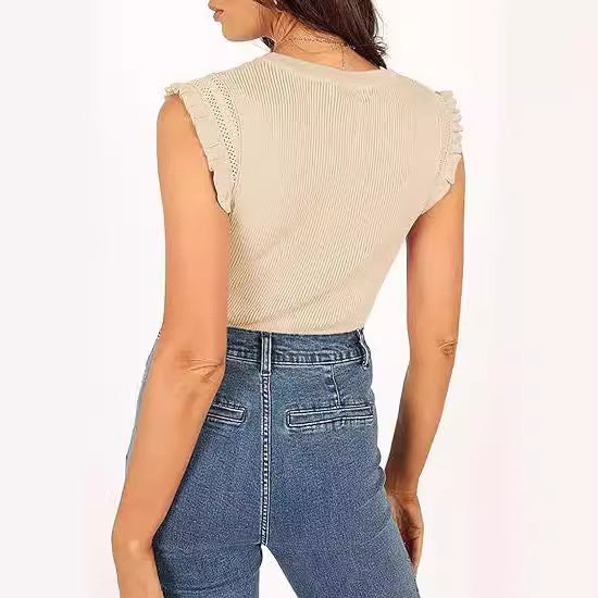 Women's Form-Fitting Ribbed Shirt with Ruffles