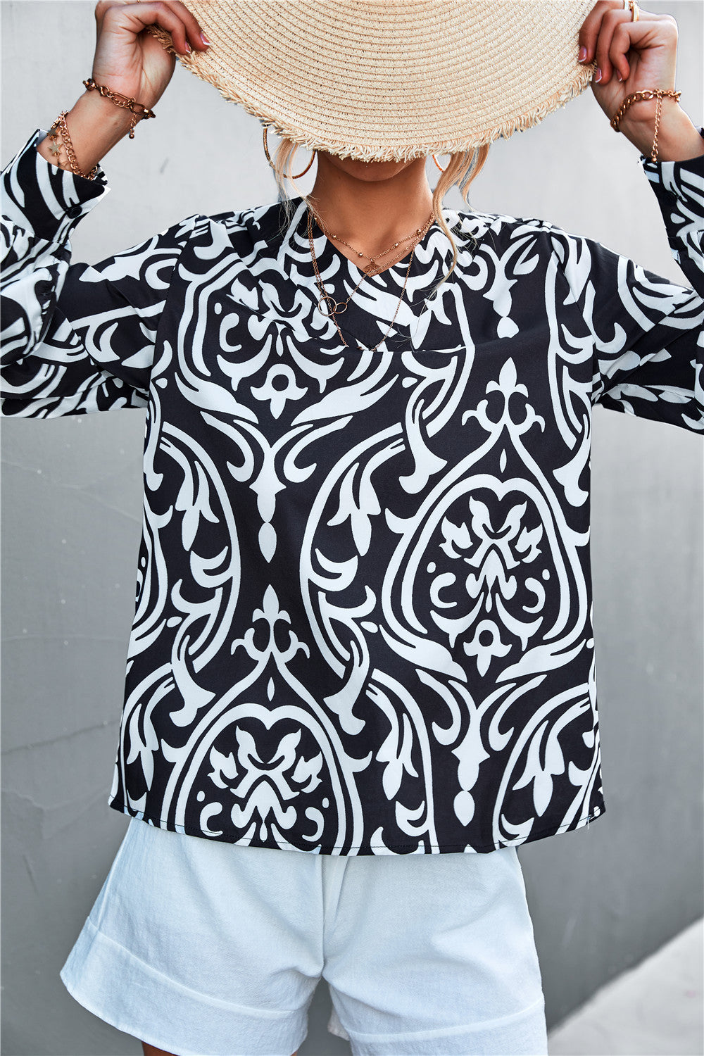 Women's Blouse with Elegant Baroque Pattern and Puff Sleeves