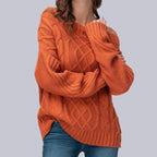 Women's Chunky Knit Sweater with Asymmetrical Neckline and Cable Pattern