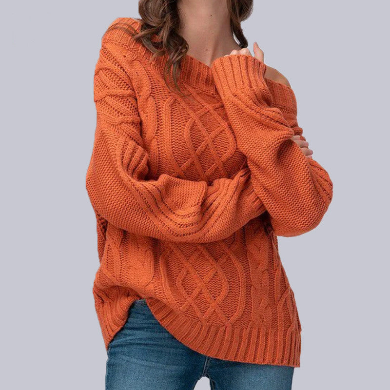Women's Chunky Knit Sweater with Asymmetrical Neckline and Cable Pattern