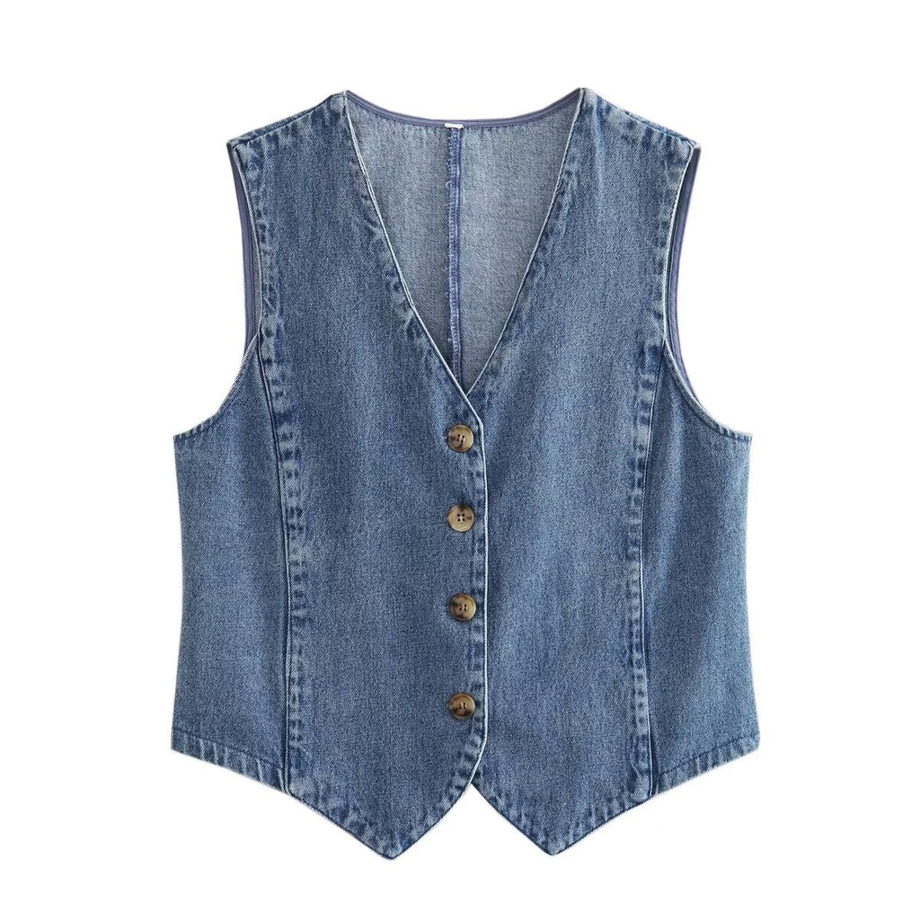 Women's Elegant Denim Vest with Button Placket and V-Neck