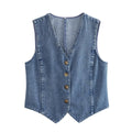 Women's Elegant Denim Vest with Button Placket and V-Neck