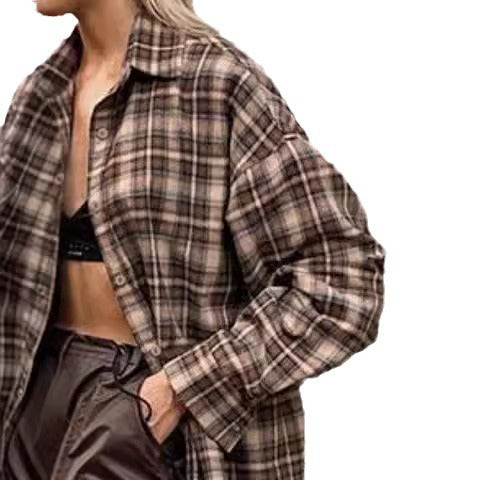Women's Plaid Overshirt in Casual Cut with Oversized Sleeves