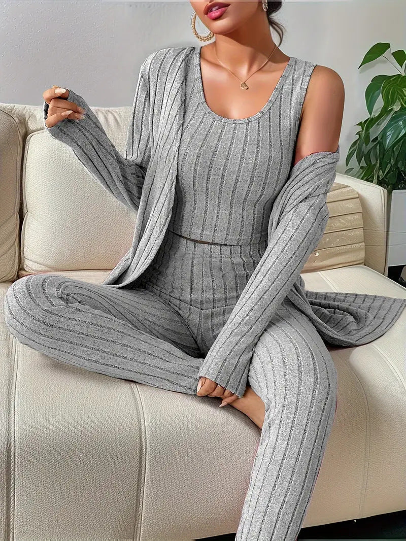 Women's Ribbed Lounge Set with Cropped Top, High-Waist Leggings and Long Cardigan