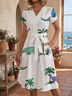 Women's Floral Midi Dress with Adjustable Belt