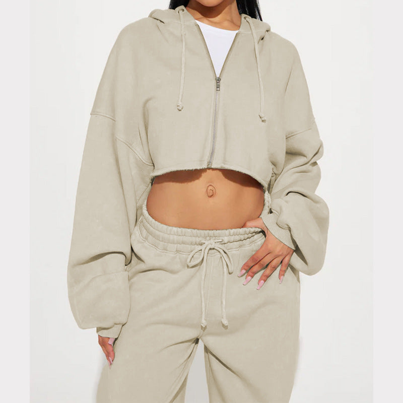 Women's Fleece Hooded Crop Top and Wide-Leg Jogger Lounge Set