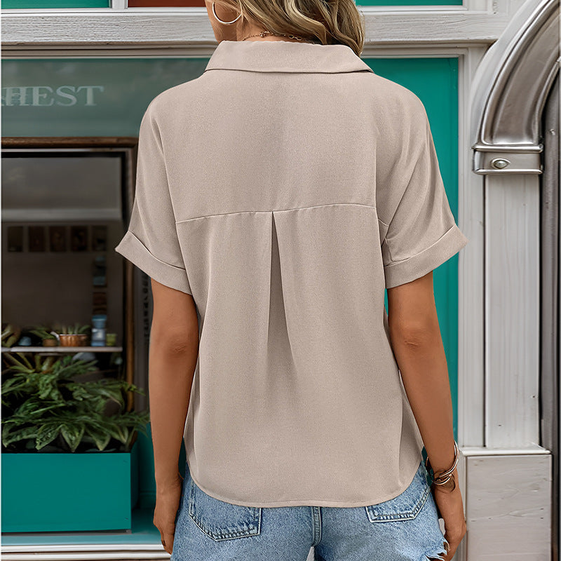 Women's Short-Sleeve Blouse with Modern V-Neck and Practical Chest Pocket