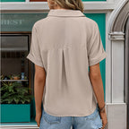 Women's Short-Sleeve Blouse with Modern V-Neck and Practical Chest Pocket