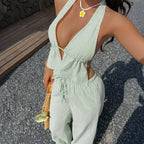 Women's Casual Beach Outfit with Crop Top and Wide Pants
