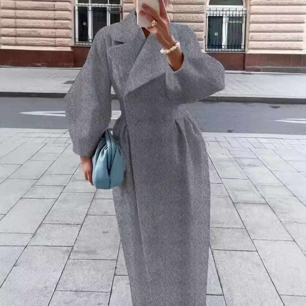 Women's Elegant Trench Coat with High Slit and Puff Sleeves
