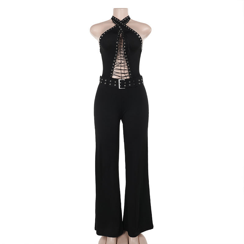 Women's Form-Fitting Jumpsuit with Refined Lace-Up Design