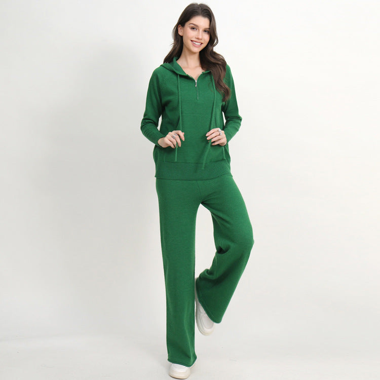 Women's Casual Knit Loungewear Set with Hood and Wide Leg